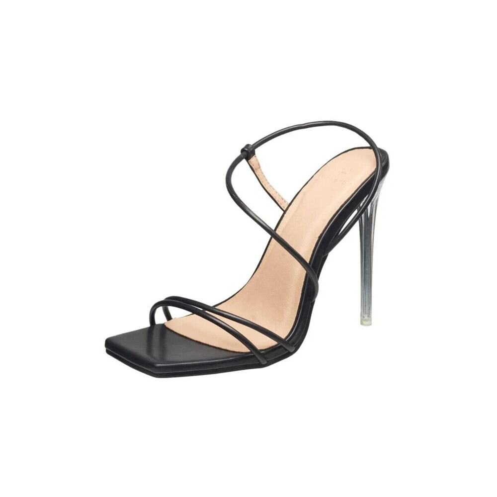 H HALSTON Wizard Black Strappy Vegan Leather Clear Stiletto Heels Open Toe 6.5